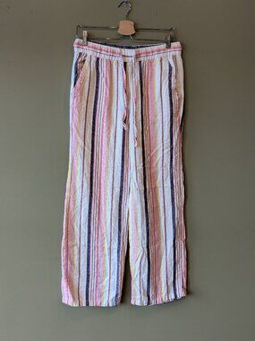 Old Navy Linen Blend Wide Leg Pull On Lounge Pants Small Colorful Stripe Beach